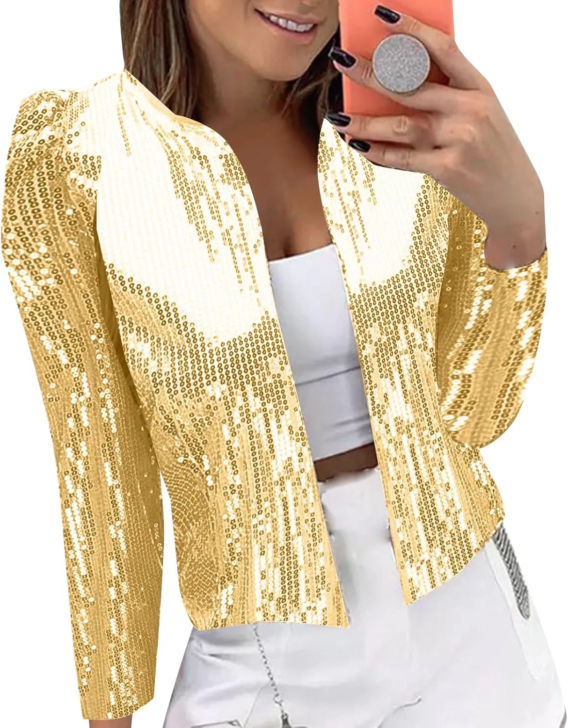 Women's Sequin Jackets Open Front Blazer Jacket Casual Long Sleeve Sparkly Cardigan 2025 Coat Mardi Gras Outfit