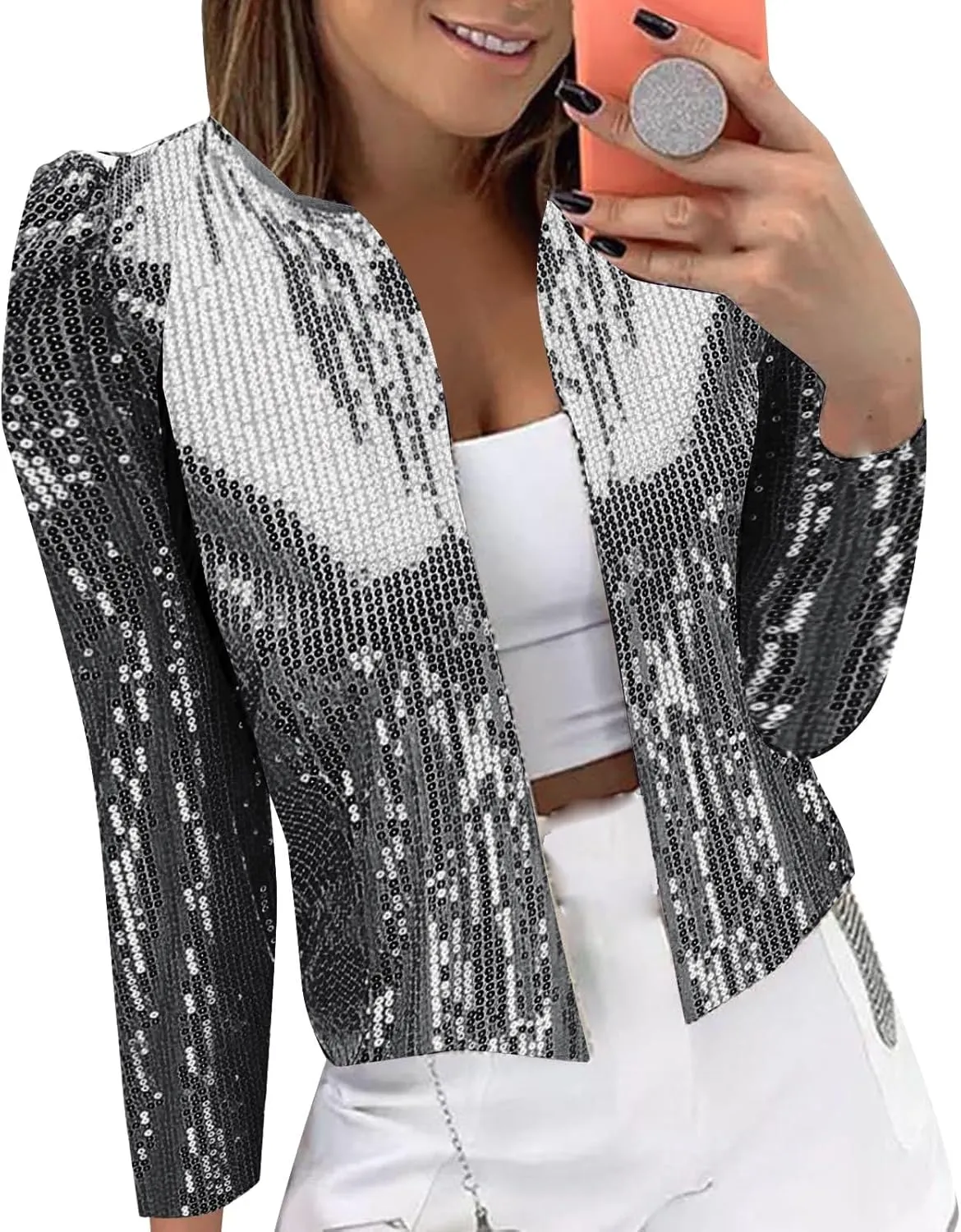 Women's Sequin Jackets Open Front Blazer Jacket Casual Long Sleeve Sparkly Cardigan 2025 Coat Mardi Gras Outfit