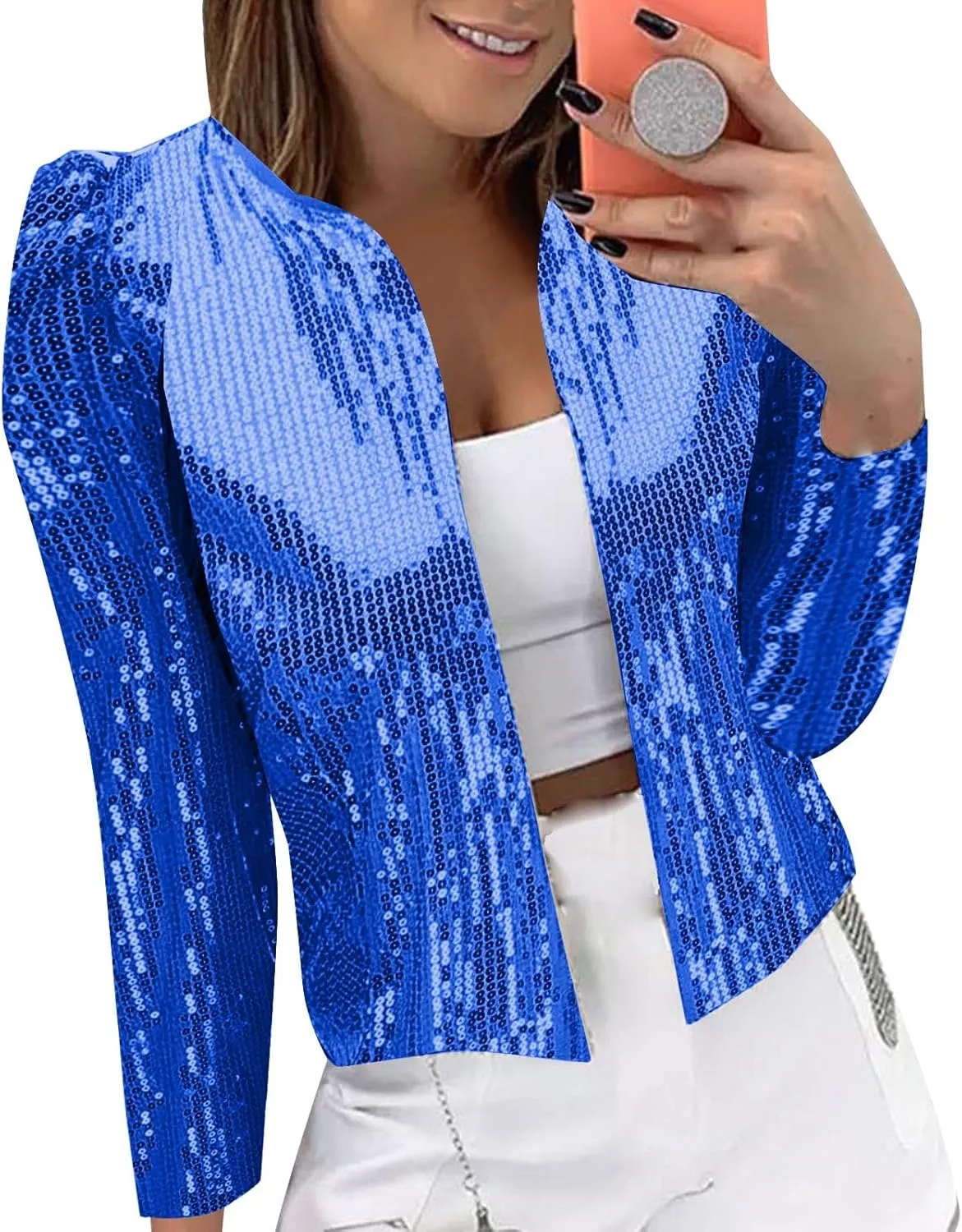 Women's Sequin Jackets Open Front Blazer Jacket Casual Long Sleeve Sparkly Cardigan 2025 Coat Mardi Gras Outfit
