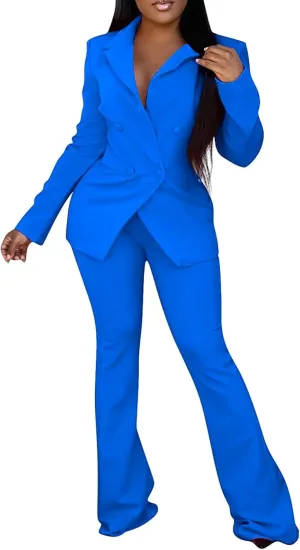 Women's Sexy Casual Pants Suit 2 Piece Business Outfits Solid Long Sleeve Blazer and Slim Fit Bell Bottoms Pant Sets