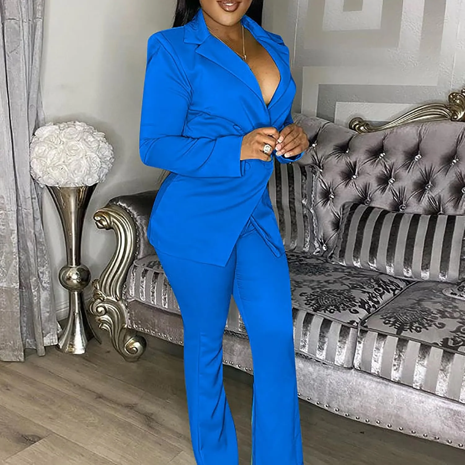 Women's Sexy Casual Pants Suit 2 Piece Business Outfits Solid Long Sleeve Blazer and Slim Fit Bell Bottoms Pant Sets