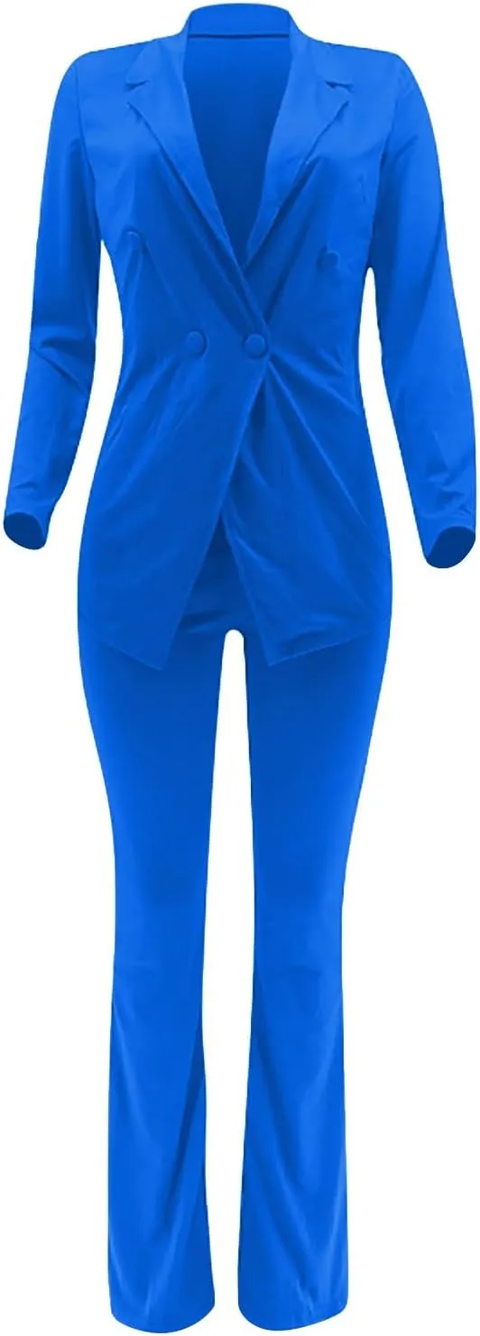 Women's Sexy Casual Pants Suit 2 Piece Business Outfits Solid Long Sleeve Blazer and Slim Fit Bell Bottoms Pant Sets