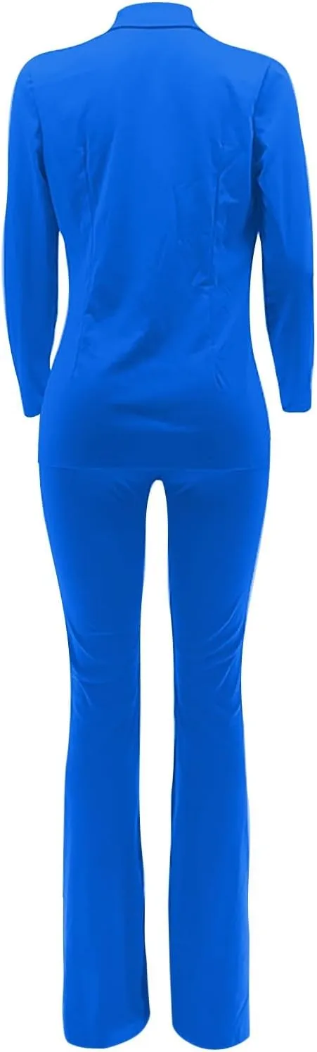 Women's Sexy Casual Pants Suit 2 Piece Business Outfits Solid Long Sleeve Blazer and Slim Fit Bell Bottoms Pant Sets