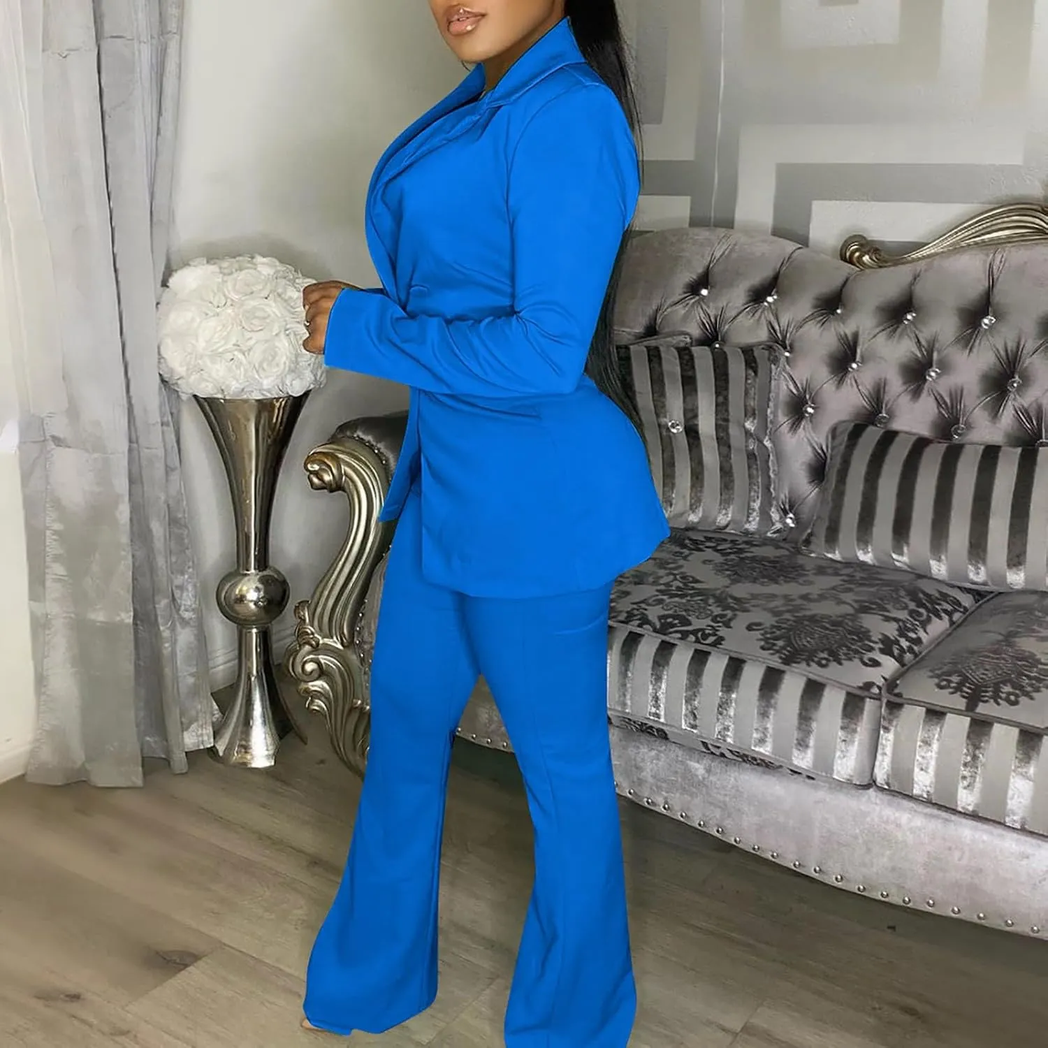 Women's Sexy Casual Pants Suit 2 Piece Business Outfits Solid Long Sleeve Blazer and Slim Fit Bell Bottoms Pant Sets