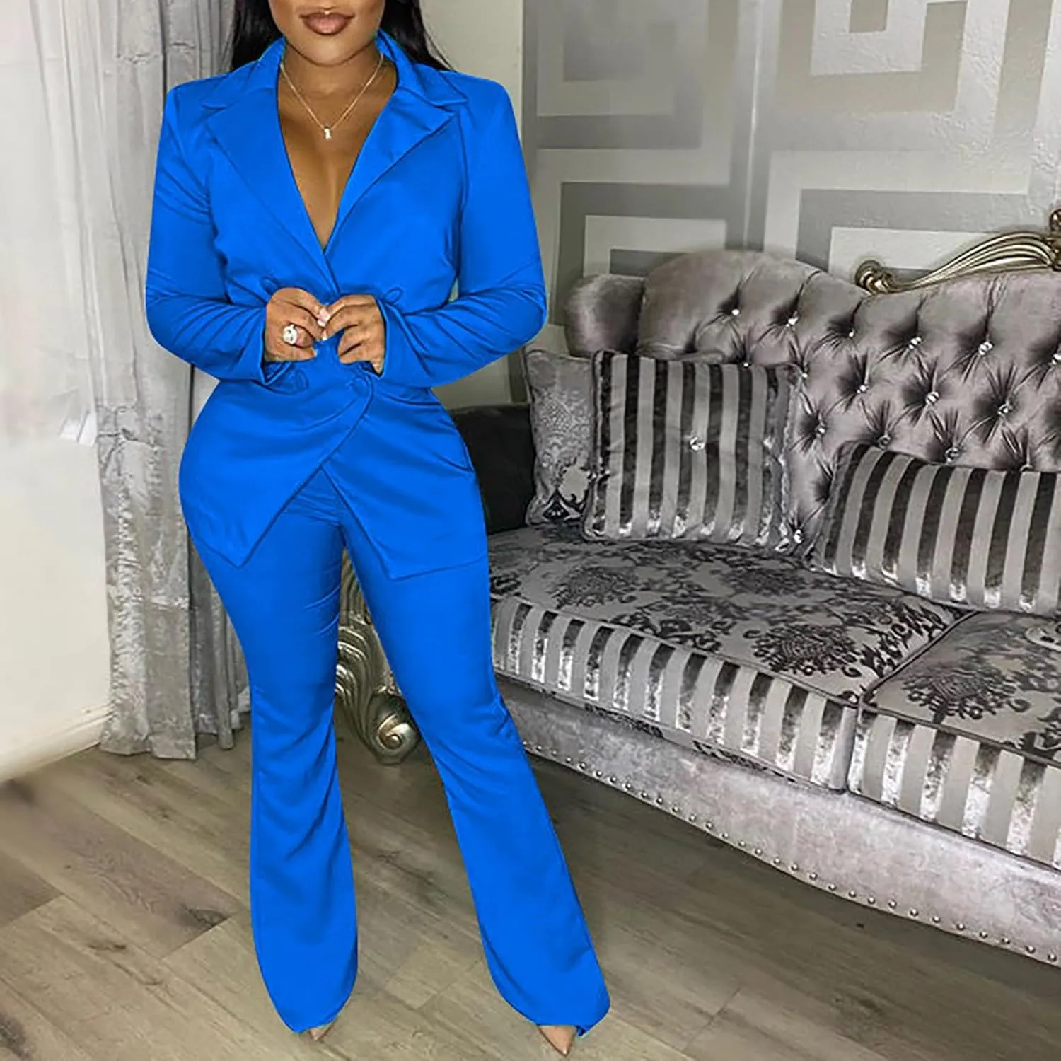 Women's Sexy Casual Pants Suit 2 Piece Business Outfits Solid Long Sleeve Blazer and Slim Fit Bell Bottoms Pant Sets