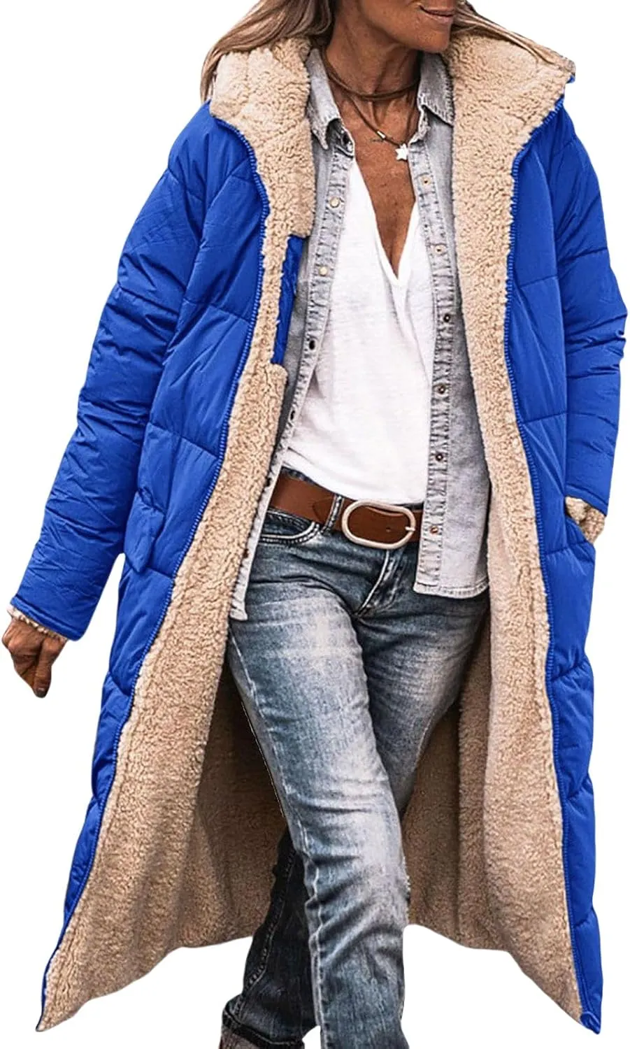 Womens Sherpa Fleece Lined Long Jackets Shearling Reversible Overcoats Winter Puffer Coats Hood Zip Outerwears