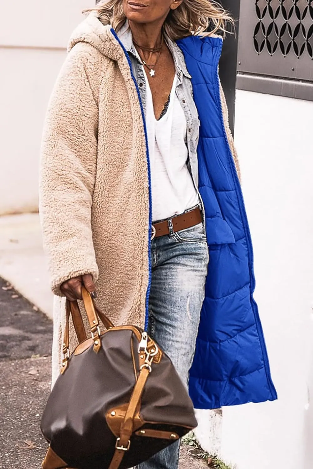 Womens Sherpa Fleece Lined Long Jackets Shearling Reversible Overcoats Winter Puffer Coats Hood Zip Outerwears