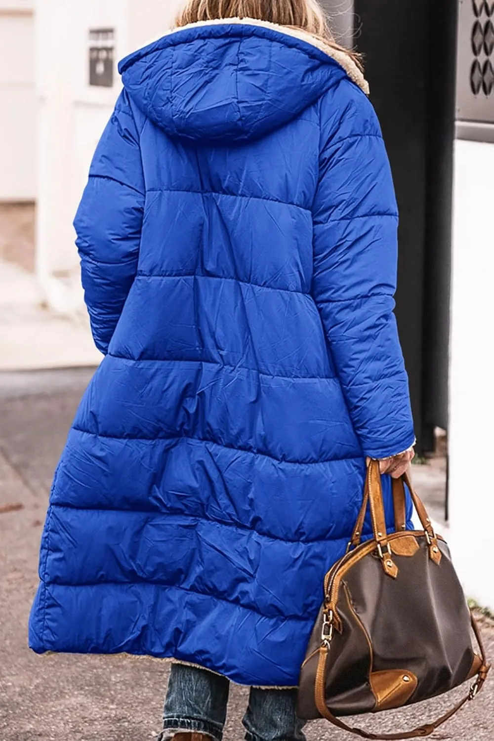 Womens Sherpa Fleece Lined Long Jackets Shearling Reversible Overcoats Winter Puffer Coats Hood Zip Outerwears