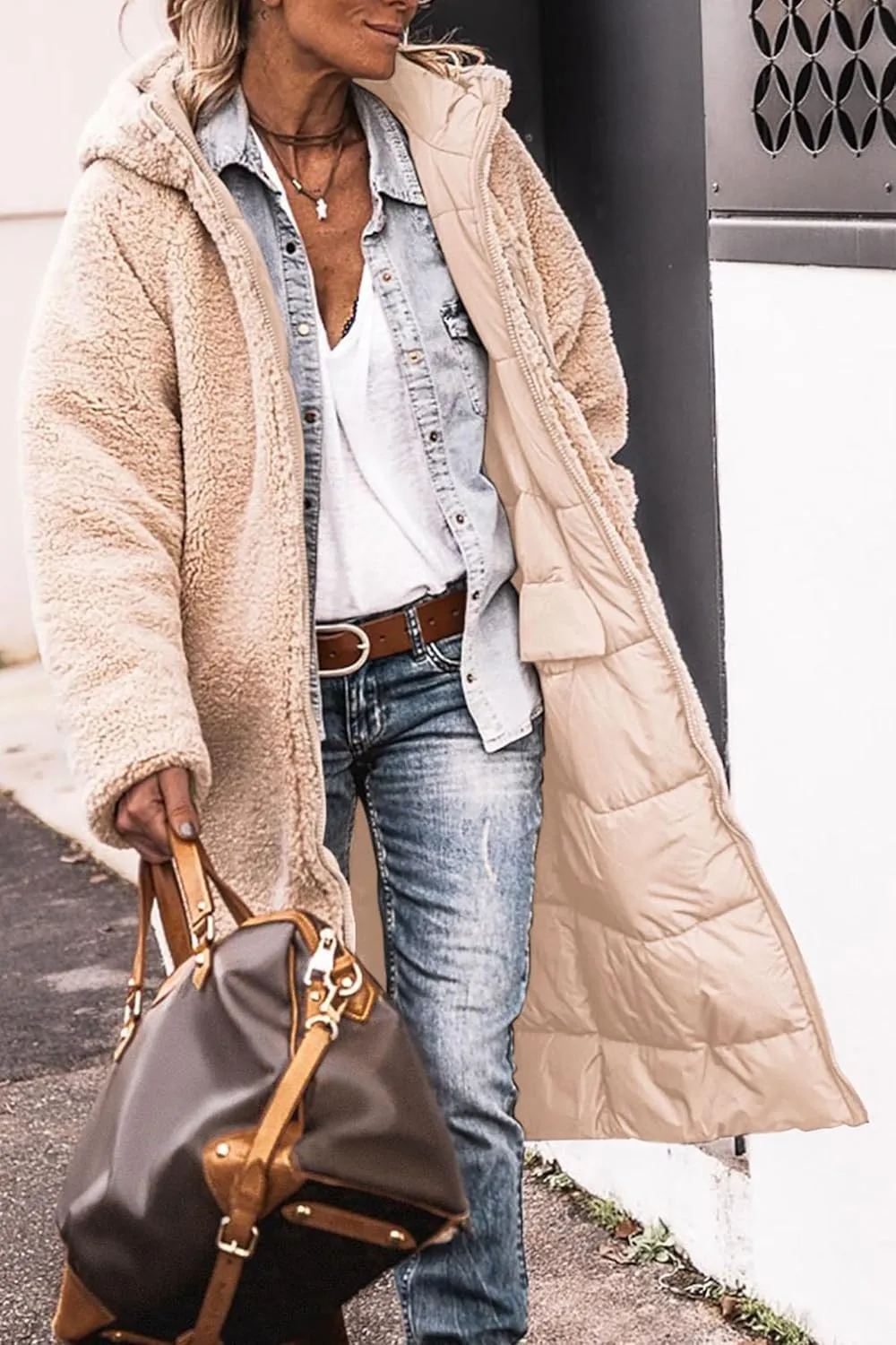 Womens Sherpa Fleece Lined Long Jackets Shearling Reversible Overcoats Winter Puffer Coats Hood Zip Outerwears