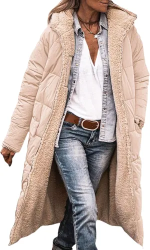 Womens Sherpa Fleece Lined Long Jackets Shearling Reversible Overcoats Winter Puffer Coats Hood Zip Outerwears
