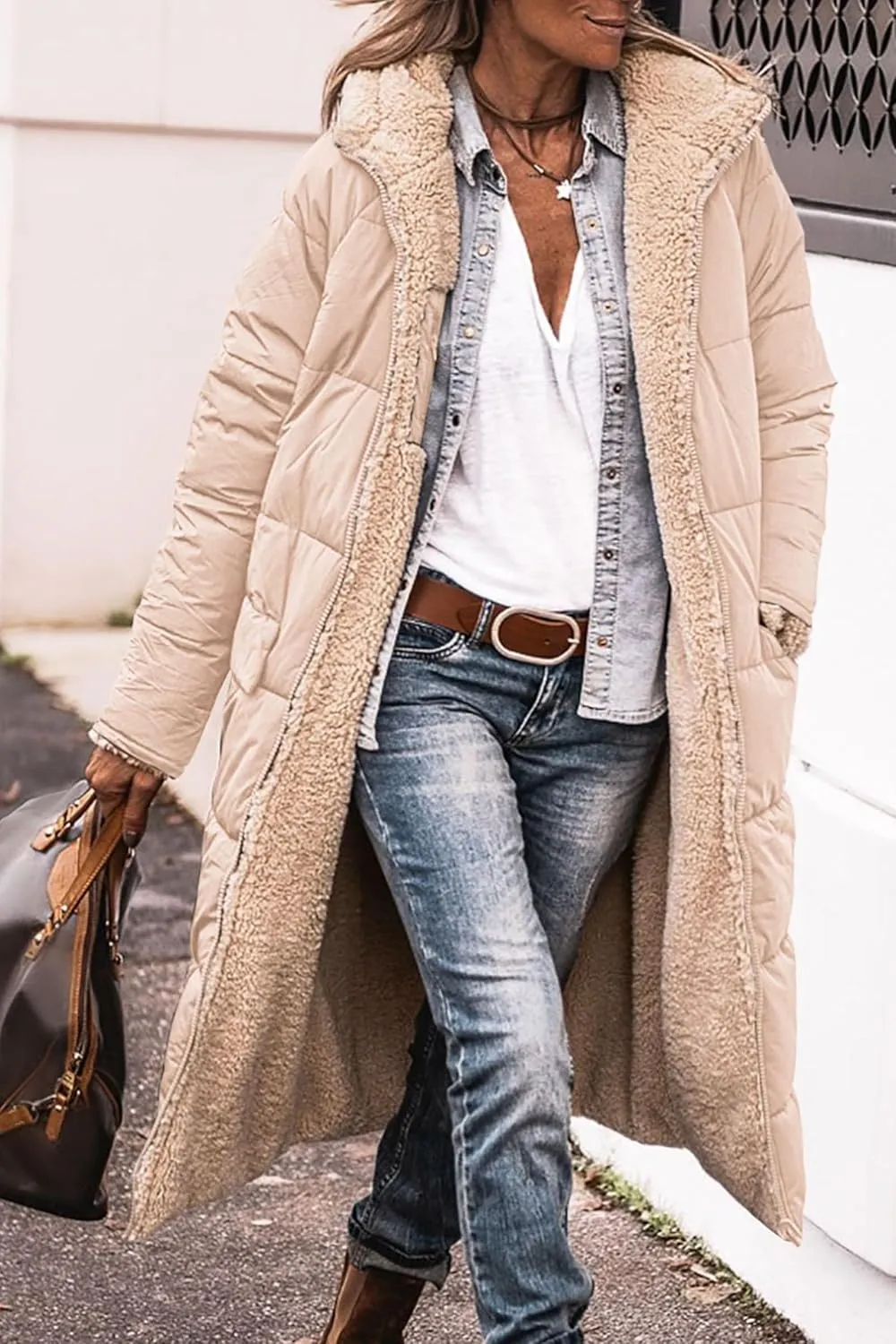 Womens Sherpa Fleece Lined Long Jackets Shearling Reversible Overcoats Winter Puffer Coats Hood Zip Outerwears