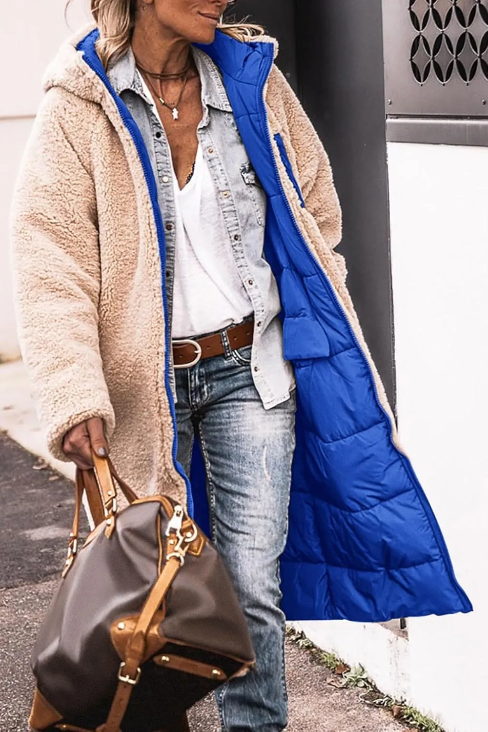 Womens Sherpa Fleece Lined Long Jackets Shearling Reversible Overcoats Winter Puffer Coats Hood Zip Outerwears