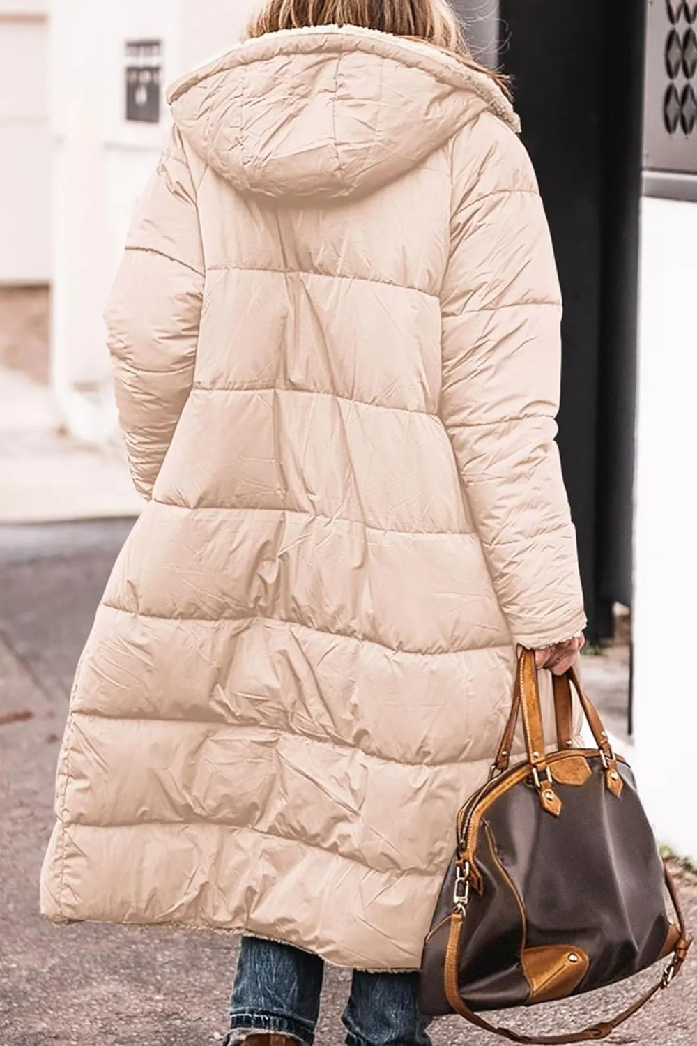 Womens Sherpa Fleece Lined Long Jackets Shearling Reversible Overcoats Winter Puffer Coats Hood Zip Outerwears