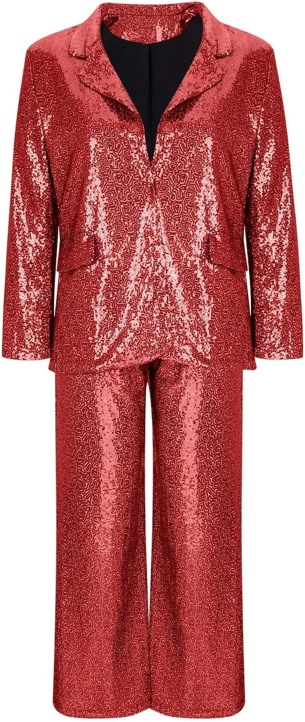 Womens Suits 2 Piece Set Sequin Slim Blazer Jacket and Wide Leg Pants Pockets Summer Fall Business Casual Suit Sets
