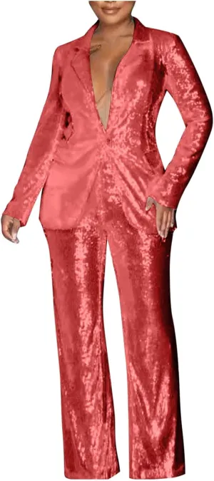 Womens Suits 2 Piece Set Sequin Slim Blazer Jacket and Wide Leg Pants Pockets Summer Fall Business Casual Suit Sets