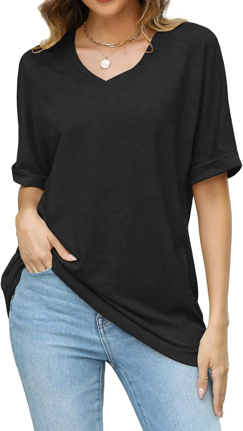 Women's Summer Tops Oversized Tshirts Half Sleeve Loose Fit V Neck Casual Blouse Tee 2024