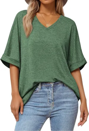 Women's Summer Tops Oversized Tshirts Half Sleeve Loose Fit V Neck Casual Blouse Tee 2024