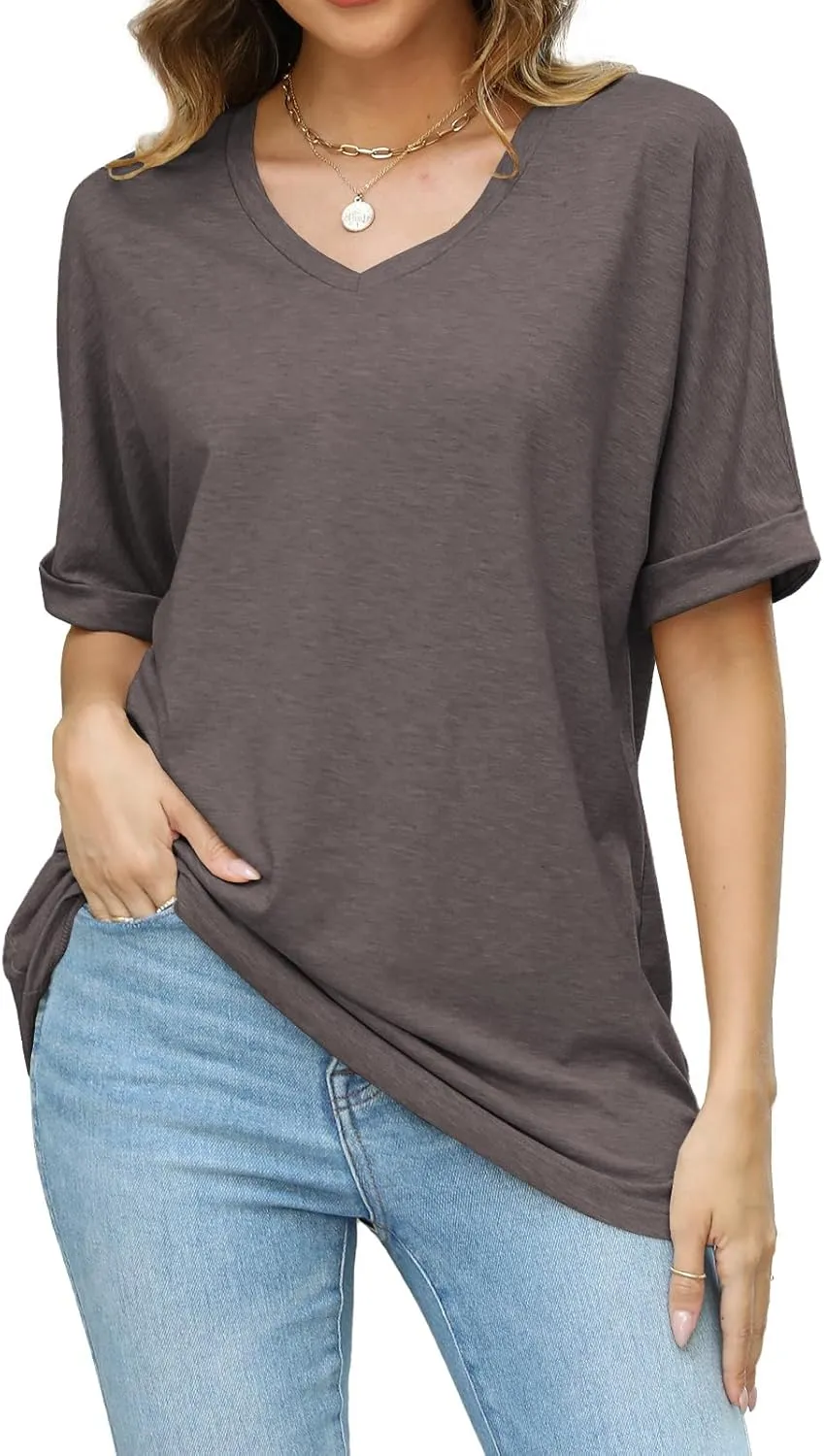 Women's Summer Tops Oversized Tshirts Half Sleeve Loose Fit V Neck Casual Blouse Tee 2024