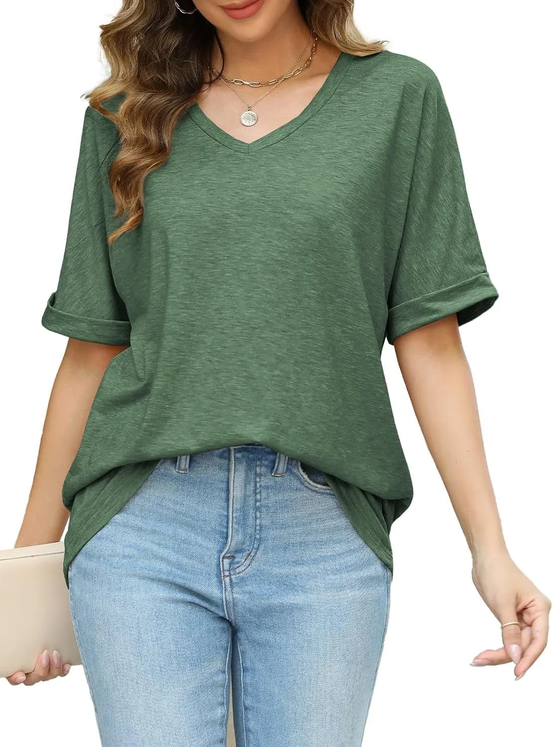 Women's Summer Tops Oversized Tshirts Half Sleeve Loose Fit V Neck Casual Blouse Tee 2024