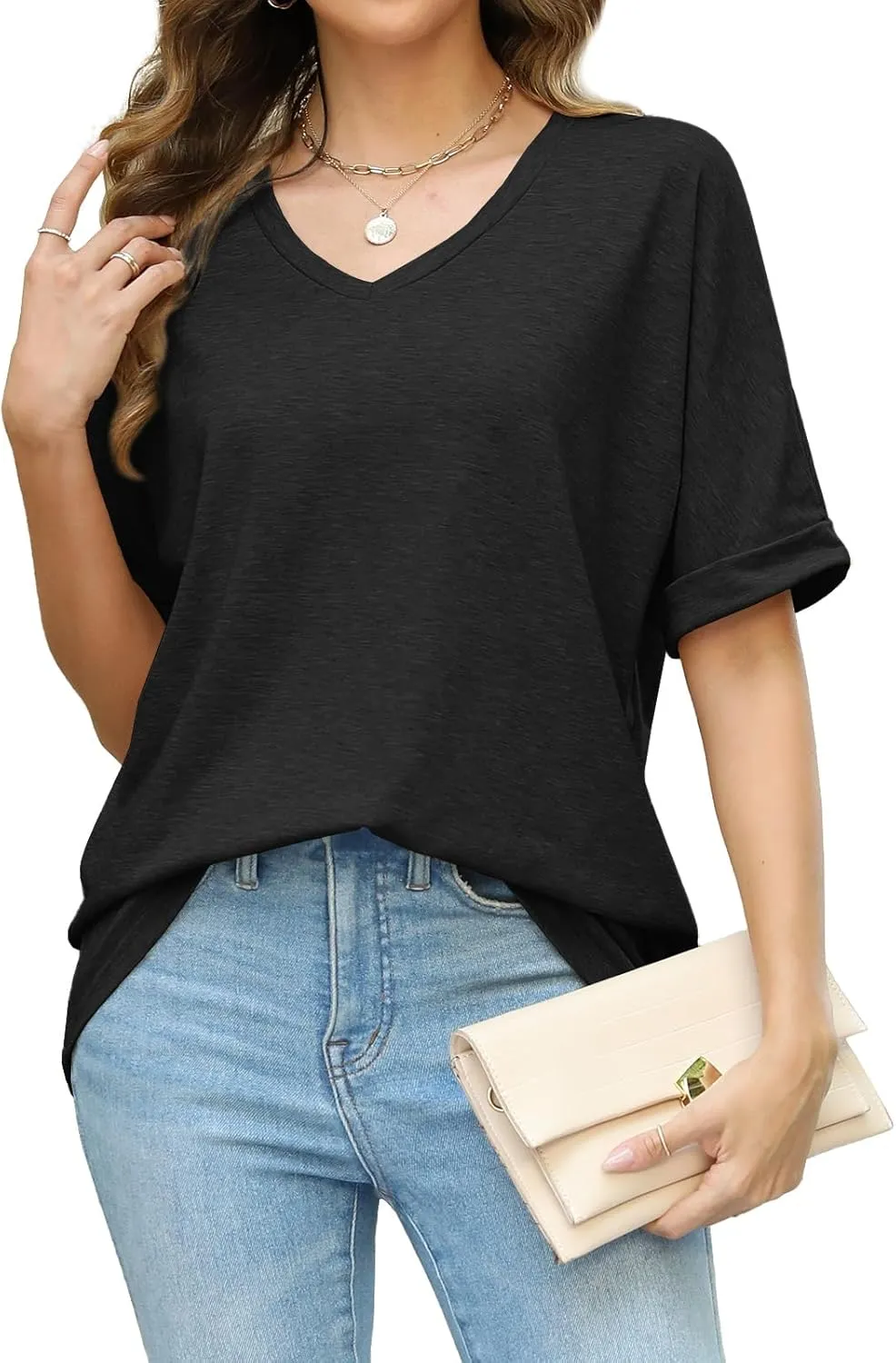 Women's Summer Tops Oversized Tshirts Half Sleeve Loose Fit V Neck Casual Blouse Tee 2024