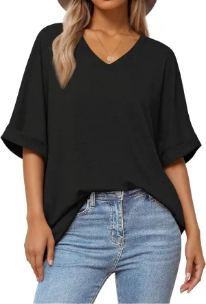 Women's Summer Tops Oversized Tshirts Half Sleeve Loose Fit V Neck Casual Blouse Tee 2024