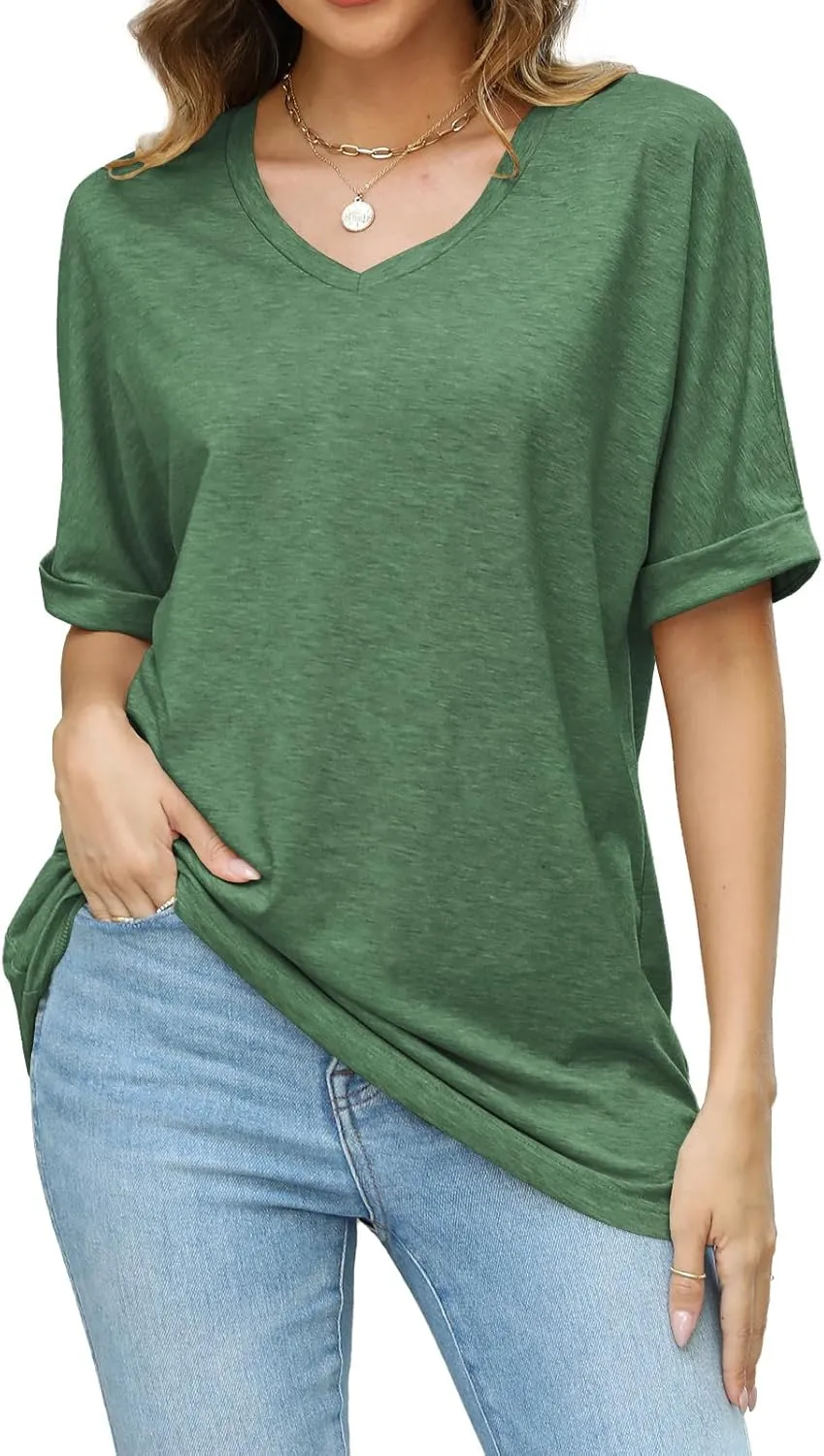 Women's Summer Tops Oversized Tshirts Half Sleeve Loose Fit V Neck Casual Blouse Tee 2024