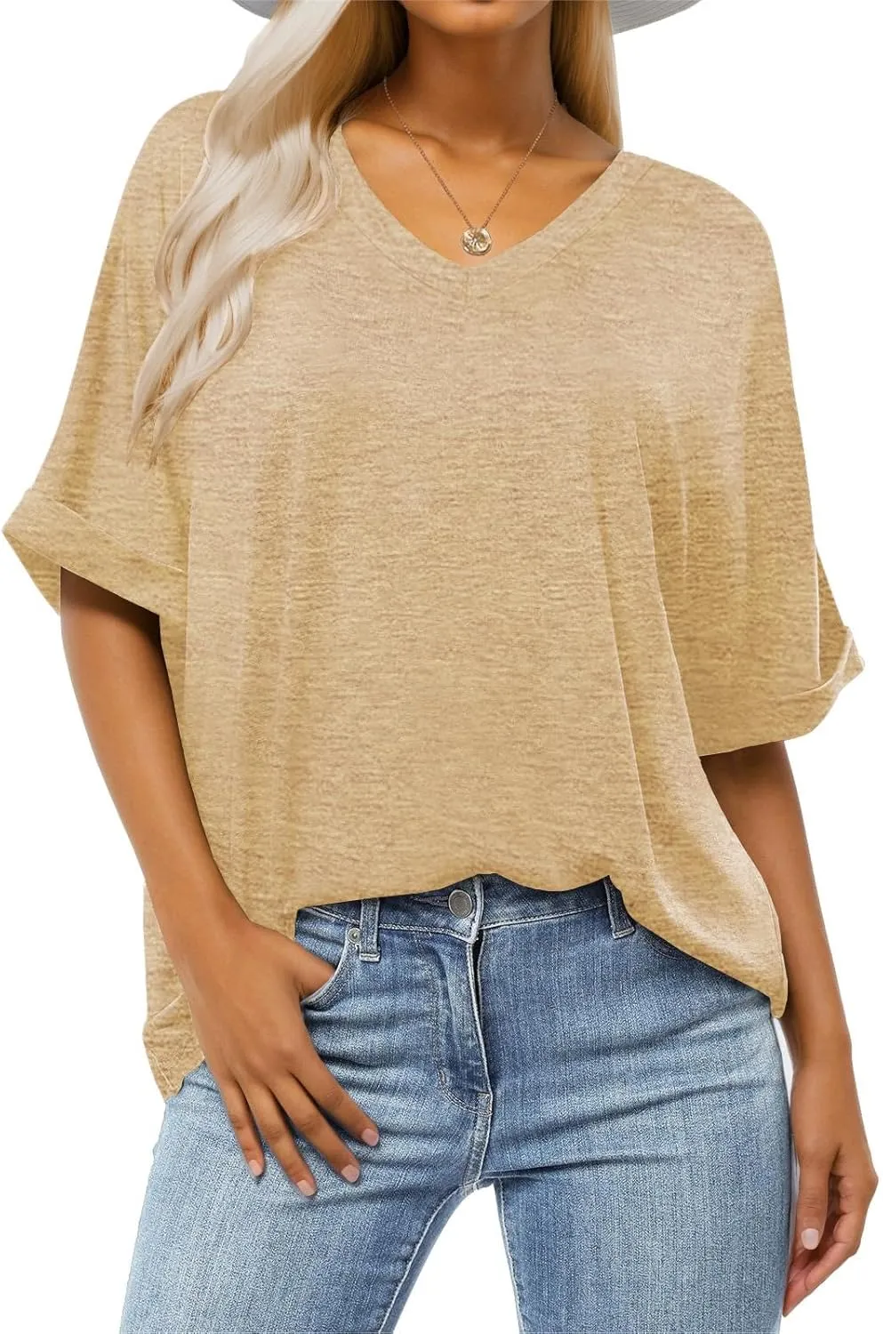 Women's Summer Tops Oversized Tshirts Half Sleeve Loose Fit V Neck Casual Blouse Tee 2024