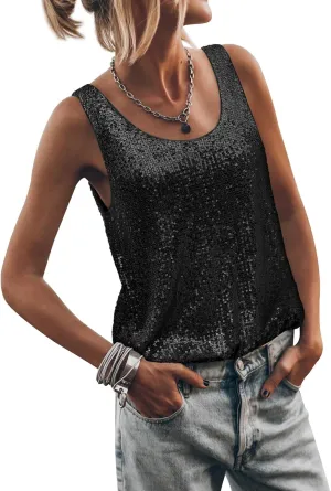 Womens Tank Tops Casual Fashion Scoop Neck Sequin Sparkle Shimmer Sleeveless Sexy Club Party Base Tank Top