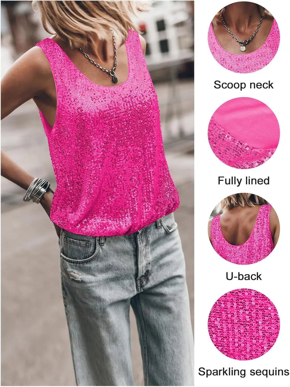 Womens Tank Tops Casual Fashion Scoop Neck Sequin Sparkle Shimmer Sleeveless Sexy Club Party Base Tank Top