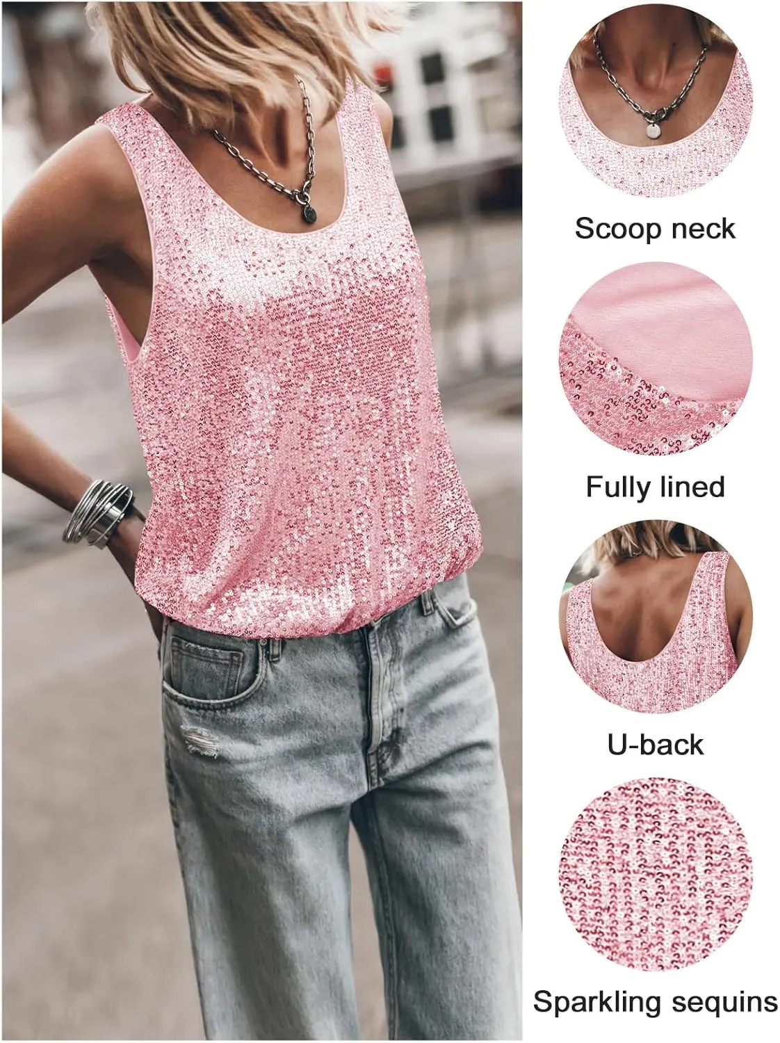Womens Tank Tops Casual Fashion Scoop Neck Sequin Sparkle Shimmer Sleeveless Sexy Club Party Base Tank Top