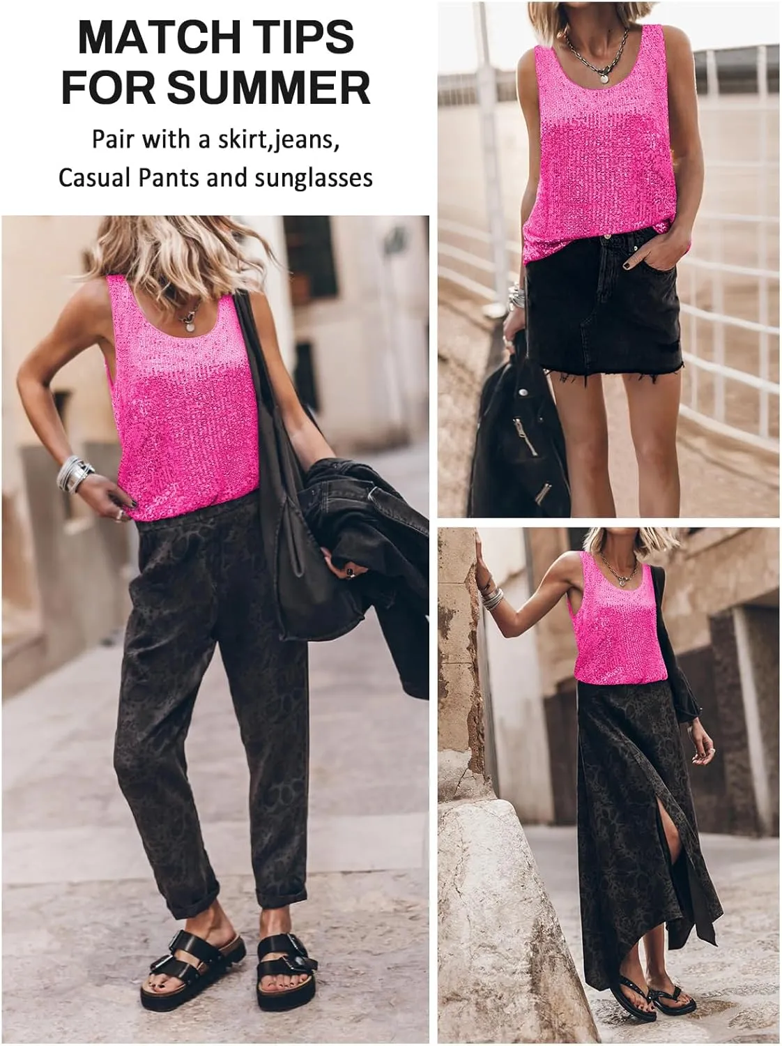 Womens Tank Tops Casual Fashion Scoop Neck Sequin Sparkle Shimmer Sleeveless Sexy Club Party Base Tank Top