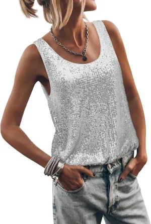Womens Tank Tops Casual Fashion Scoop Neck Sequin Sparkle Shimmer Sleeveless Sexy Club Party Base Tank Top