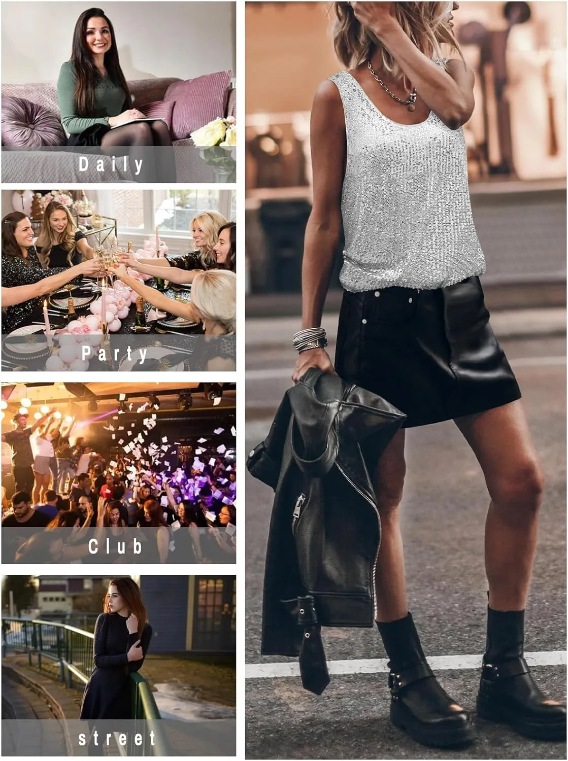 Womens Tank Tops Casual Fashion Scoop Neck Sequin Sparkle Shimmer Sleeveless Sexy Club Party Base Tank Top