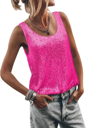 Womens Tank Tops Casual Fashion Scoop Neck Sequin Sparkle Shimmer Sleeveless Sexy Club Party Base Tank Top