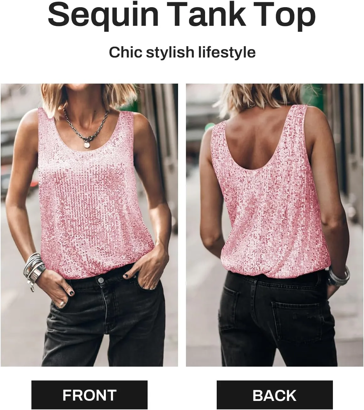 Womens Tank Tops Casual Fashion Scoop Neck Sequin Sparkle Shimmer Sleeveless Sexy Club Party Base Tank Top