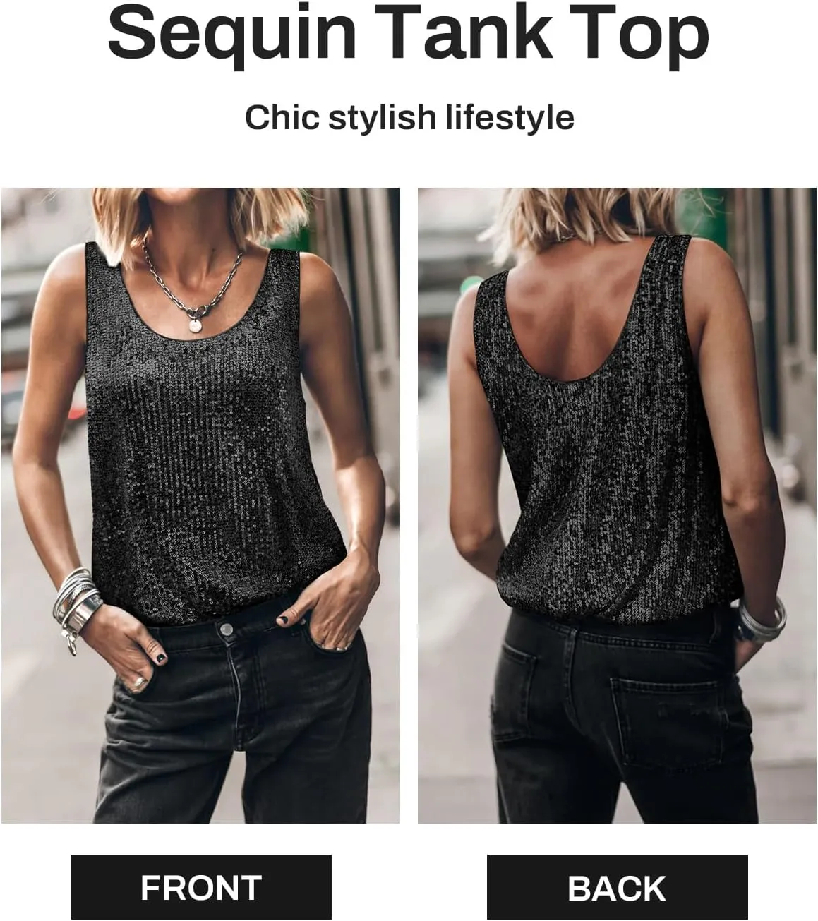 Womens Tank Tops Casual Fashion Scoop Neck Sequin Sparkle Shimmer Sleeveless Sexy Club Party Base Tank Top