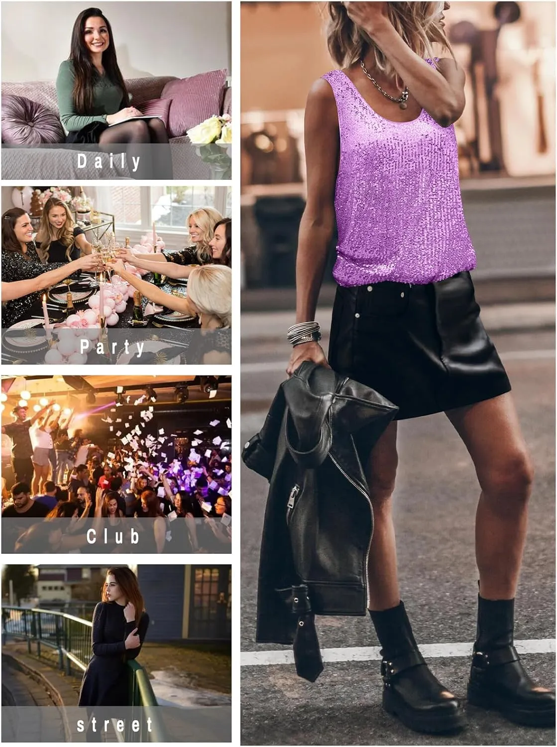 Womens Tank Tops Casual Fashion Scoop Neck Sequin Sparkle Shimmer Sleeveless Sexy Club Party Base Tank Top
