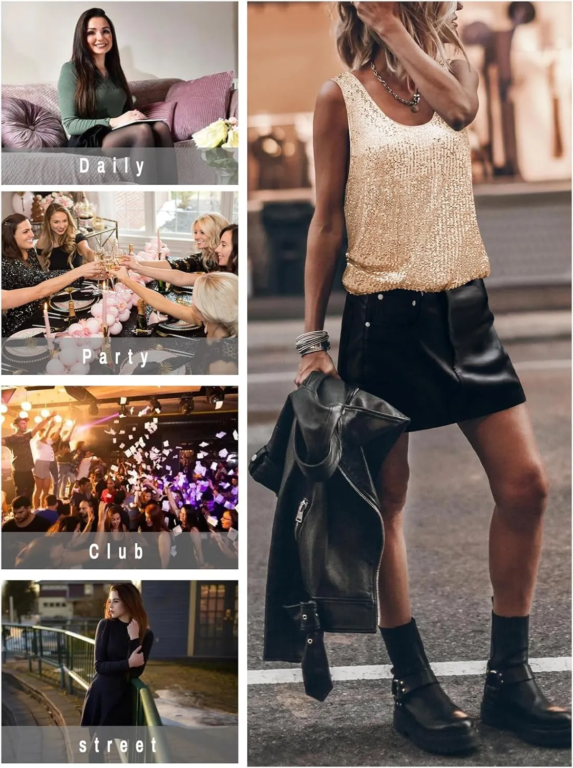 Womens Tank Tops Casual Fashion Scoop Neck Sequin Sparkle Shimmer Sleeveless Sexy Club Party Base Tank Top