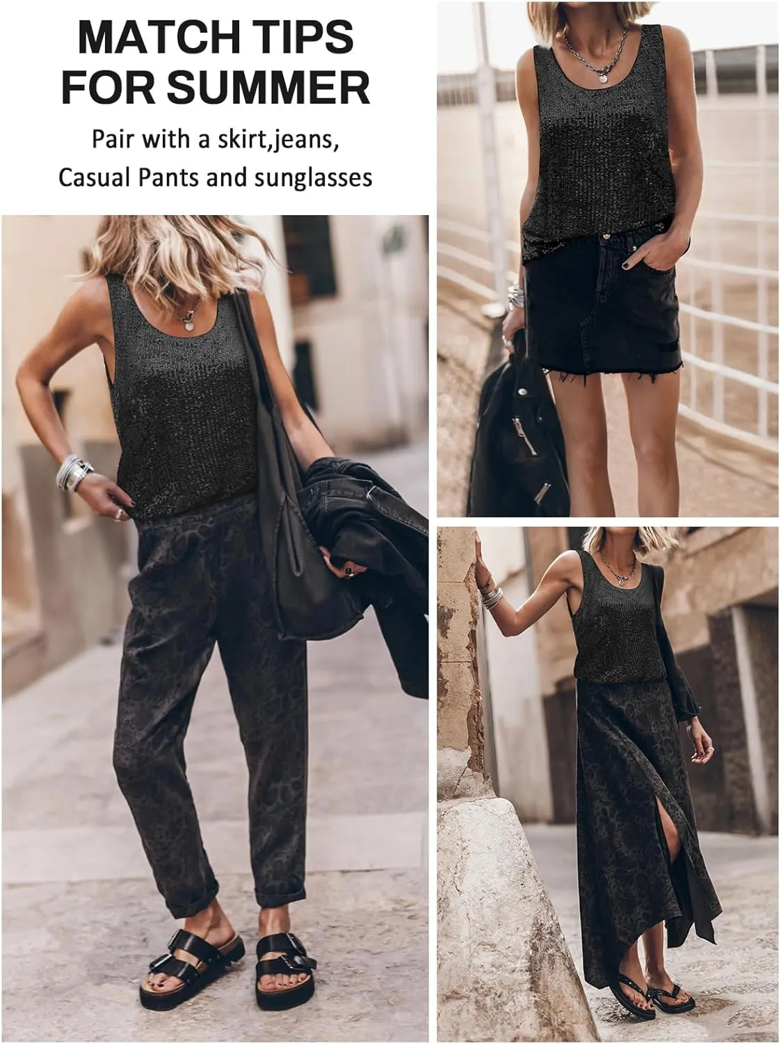 Womens Tank Tops Casual Fashion Scoop Neck Sequin Sparkle Shimmer Sleeveless Sexy Club Party Base Tank Top