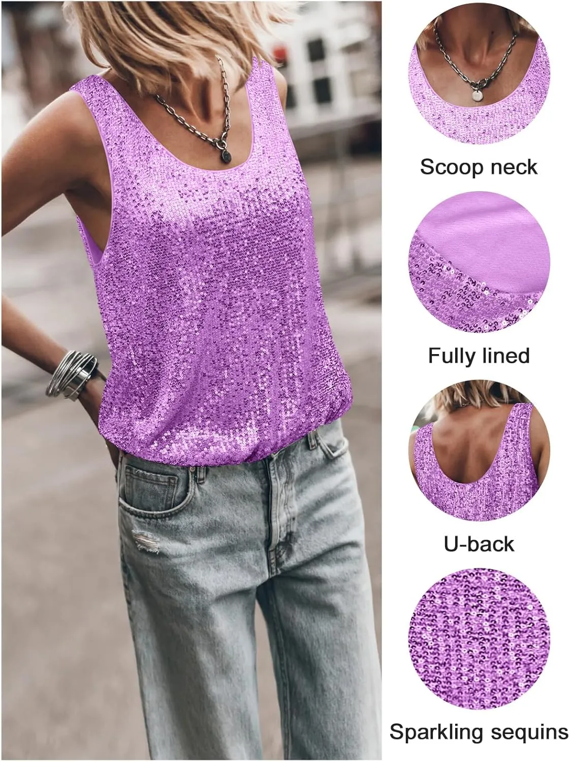 Womens Tank Tops Casual Fashion Scoop Neck Sequin Sparkle Shimmer Sleeveless Sexy Club Party Base Tank Top