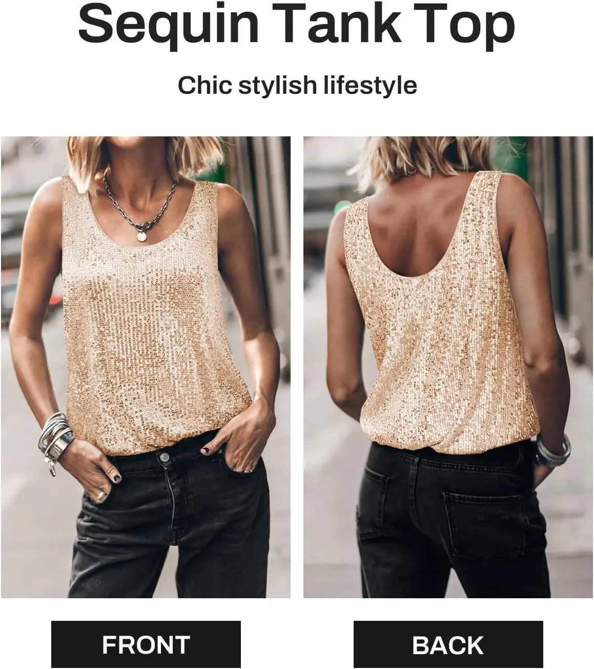 Womens Tank Tops Casual Fashion Scoop Neck Sequin Sparkle Shimmer Sleeveless Sexy Club Party Base Tank Top