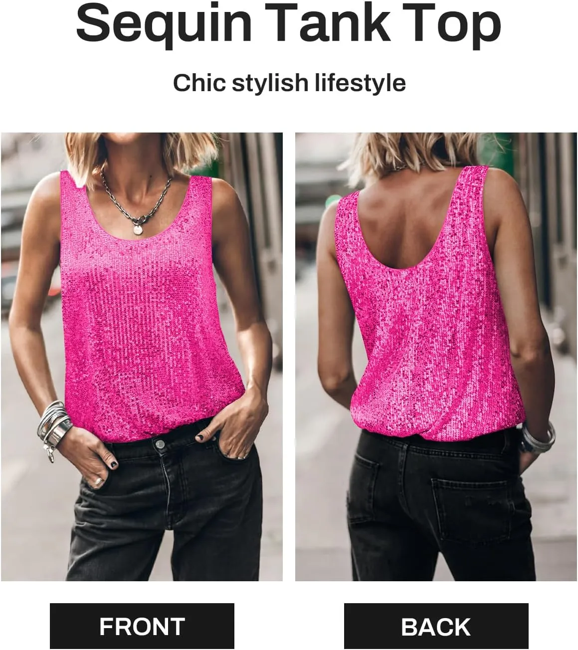 Womens Tank Tops Casual Fashion Scoop Neck Sequin Sparkle Shimmer Sleeveless Sexy Club Party Base Tank Top
