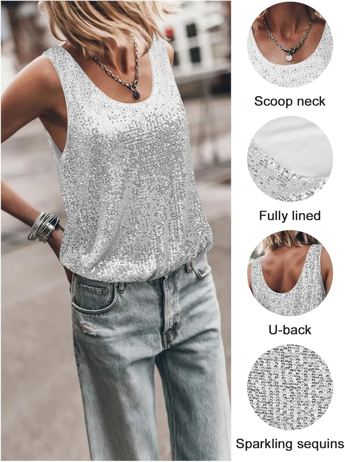 Womens Tank Tops Casual Fashion Scoop Neck Sequin Sparkle Shimmer Sleeveless Sexy Club Party Base Tank Top