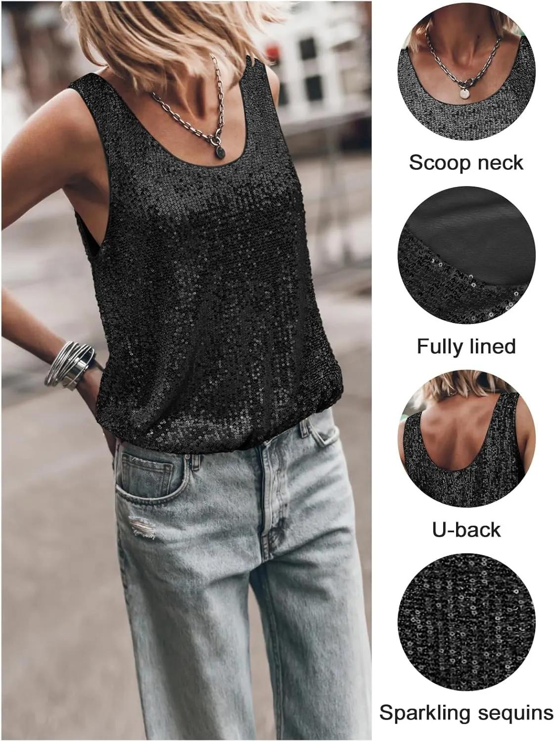 Womens Tank Tops Casual Fashion Scoop Neck Sequin Sparkle Shimmer Sleeveless Sexy Club Party Base Tank Top