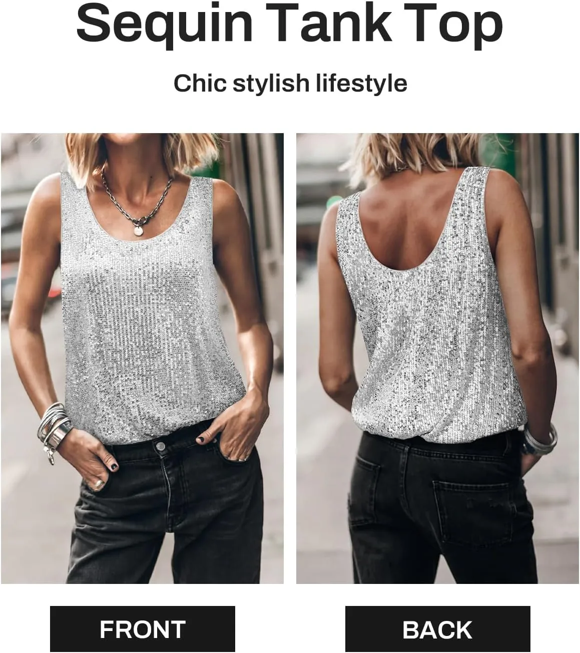 Womens Tank Tops Casual Fashion Scoop Neck Sequin Sparkle Shimmer Sleeveless Sexy Club Party Base Tank Top