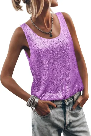 Womens Tank Tops Casual Fashion Scoop Neck Sequin Sparkle Shimmer Sleeveless Sexy Club Party Base Tank Top