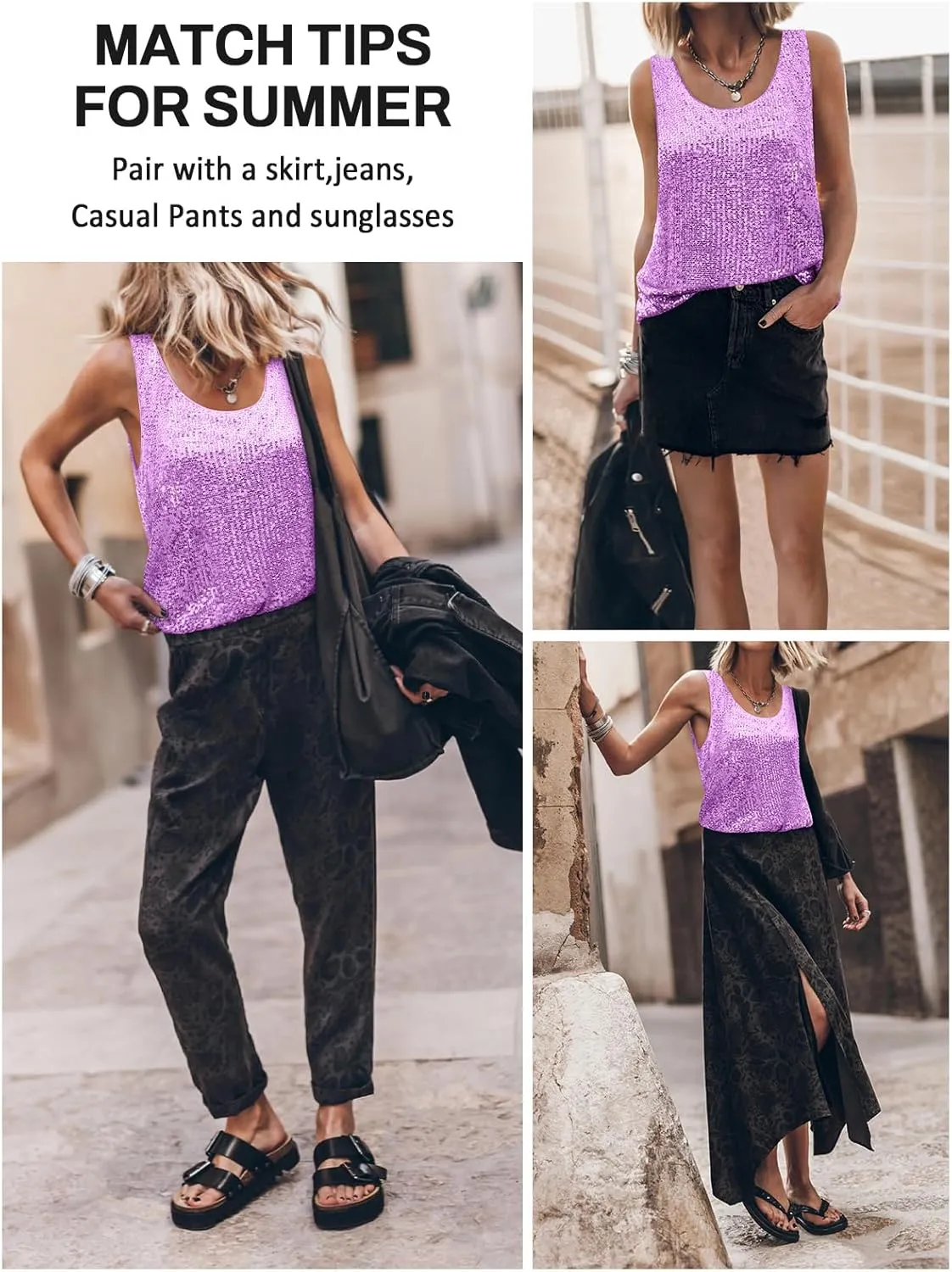 Womens Tank Tops Casual Fashion Scoop Neck Sequin Sparkle Shimmer Sleeveless Sexy Club Party Base Tank Top