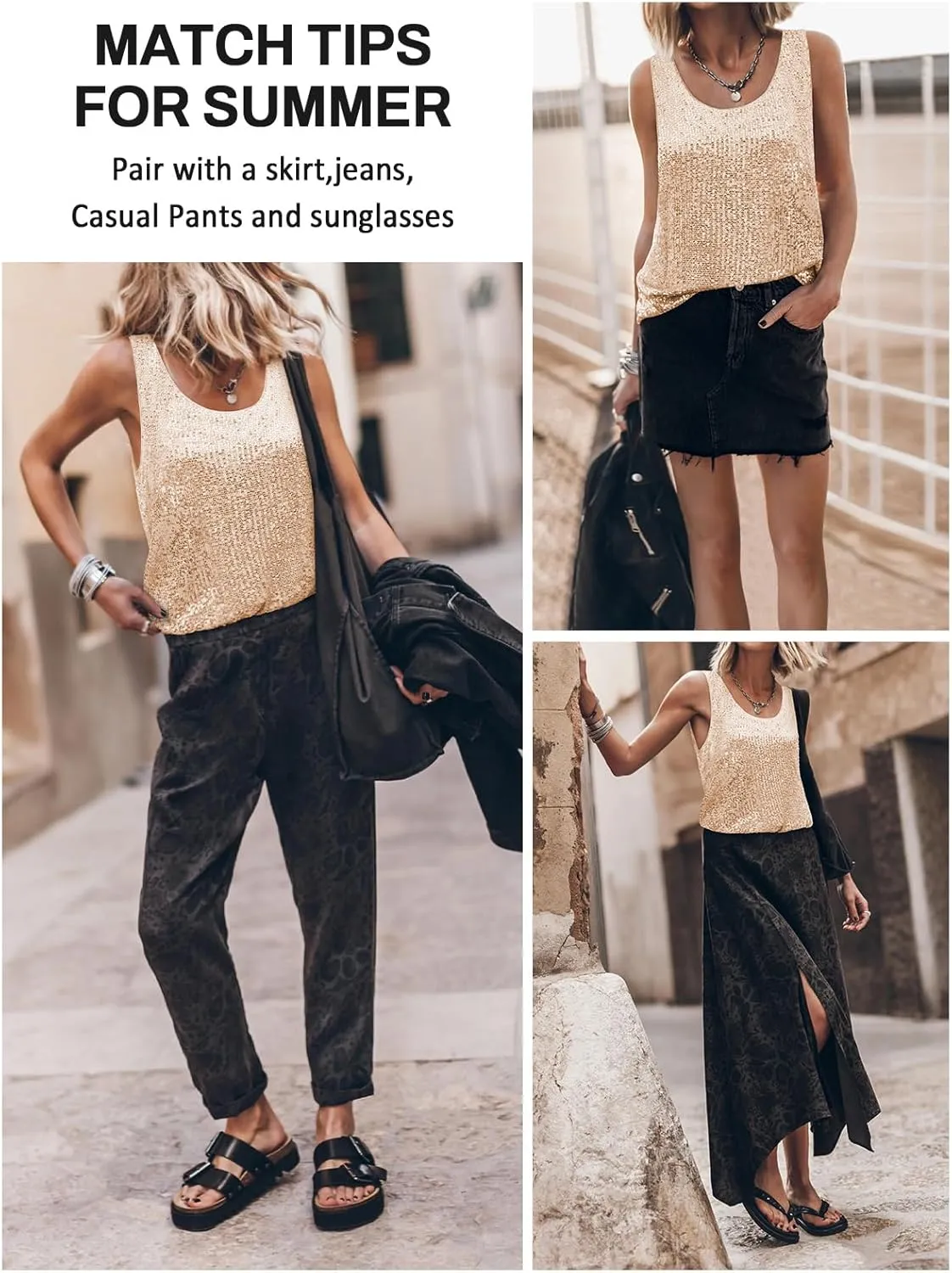 Womens Tank Tops Casual Fashion Scoop Neck Sequin Sparkle Shimmer Sleeveless Sexy Club Party Base Tank Top