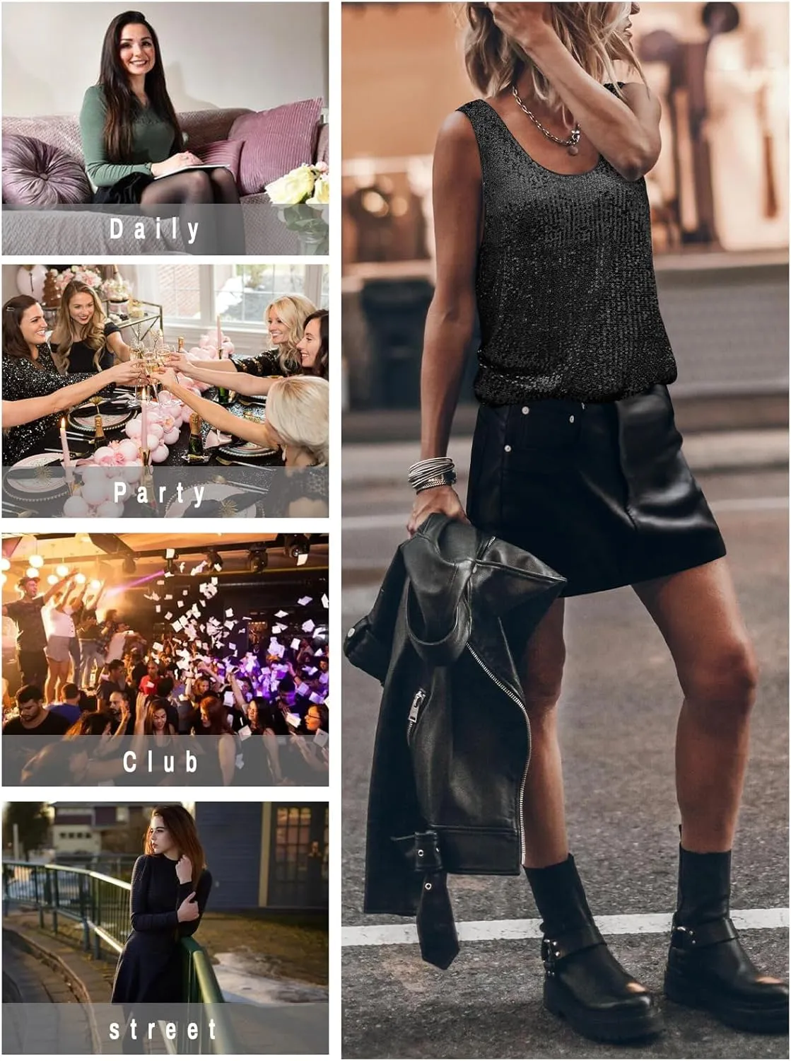 Womens Tank Tops Casual Fashion Scoop Neck Sequin Sparkle Shimmer Sleeveless Sexy Club Party Base Tank Top