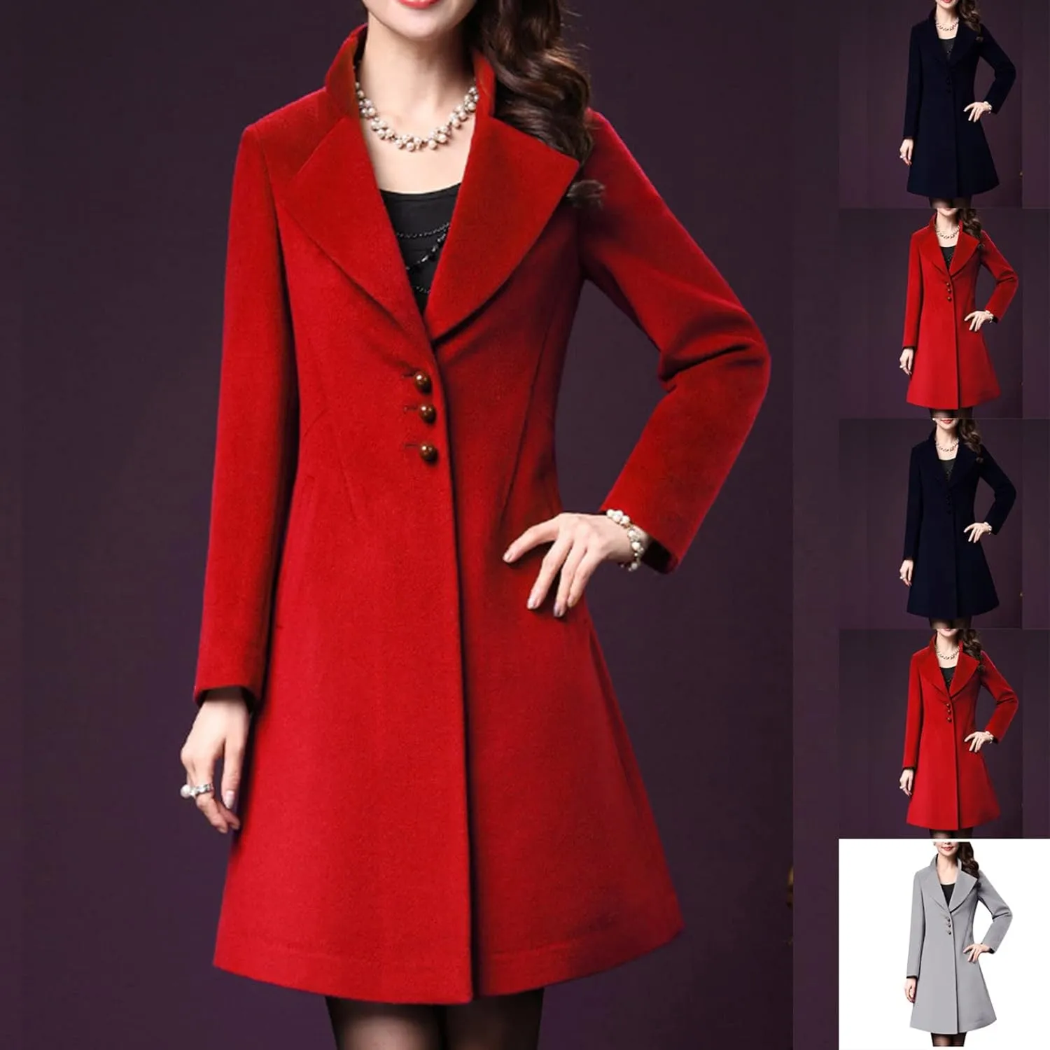 Womens Trench Coat Double Breasted Mid Long Pea Coat Notch Lapel Open Front Wool Blend Overcoat Winter Outwear